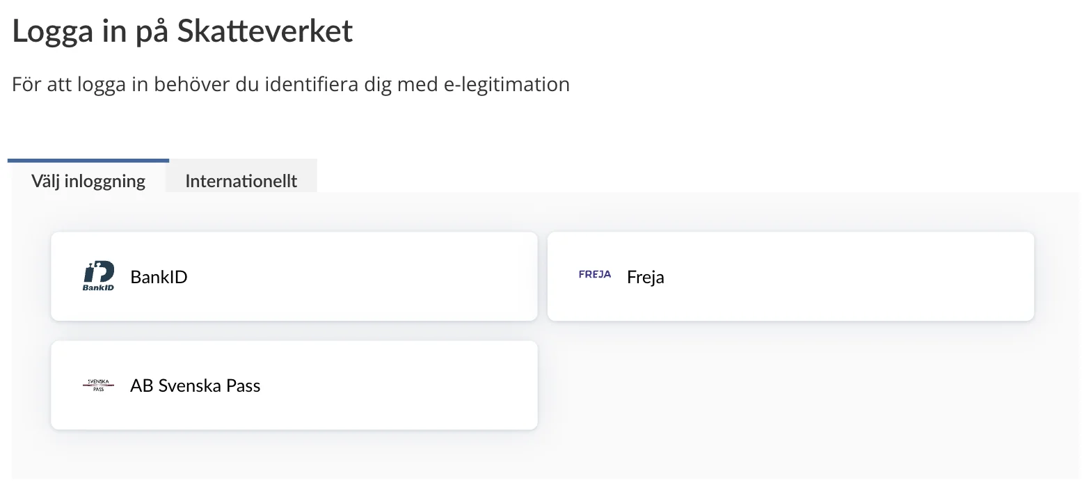 Skatteverkets inloggningssida med valen BankID, Freja och AB Svenska Pass.
