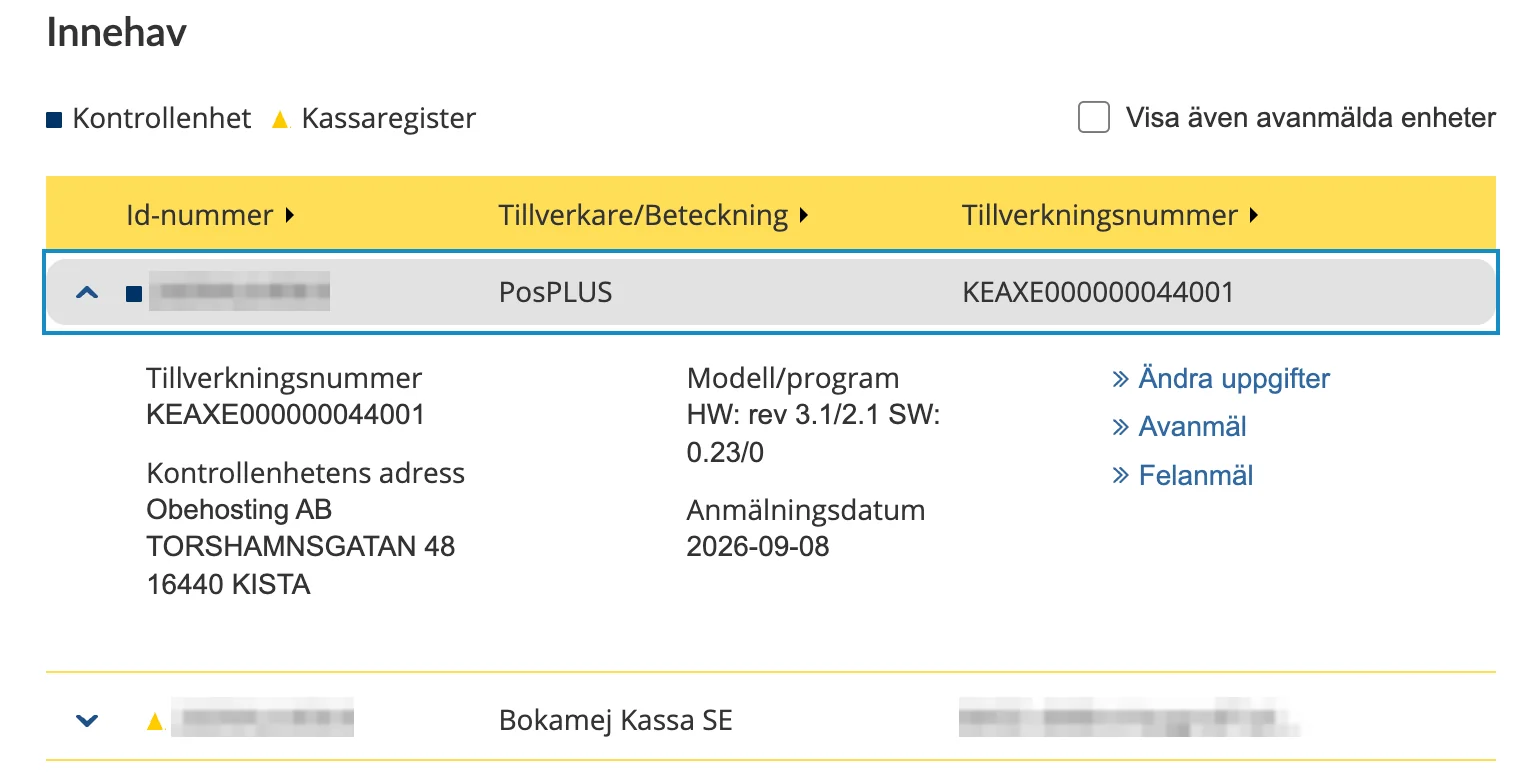 Innehav i Skatteverkets e-tjänst med kontrollenhetens rad utfälld: id-nummer, tillverkningsnummer, adress, modell, anmälningsdatum och länkarna Ändra uppgifter, Avanmäl och Felanmäl.